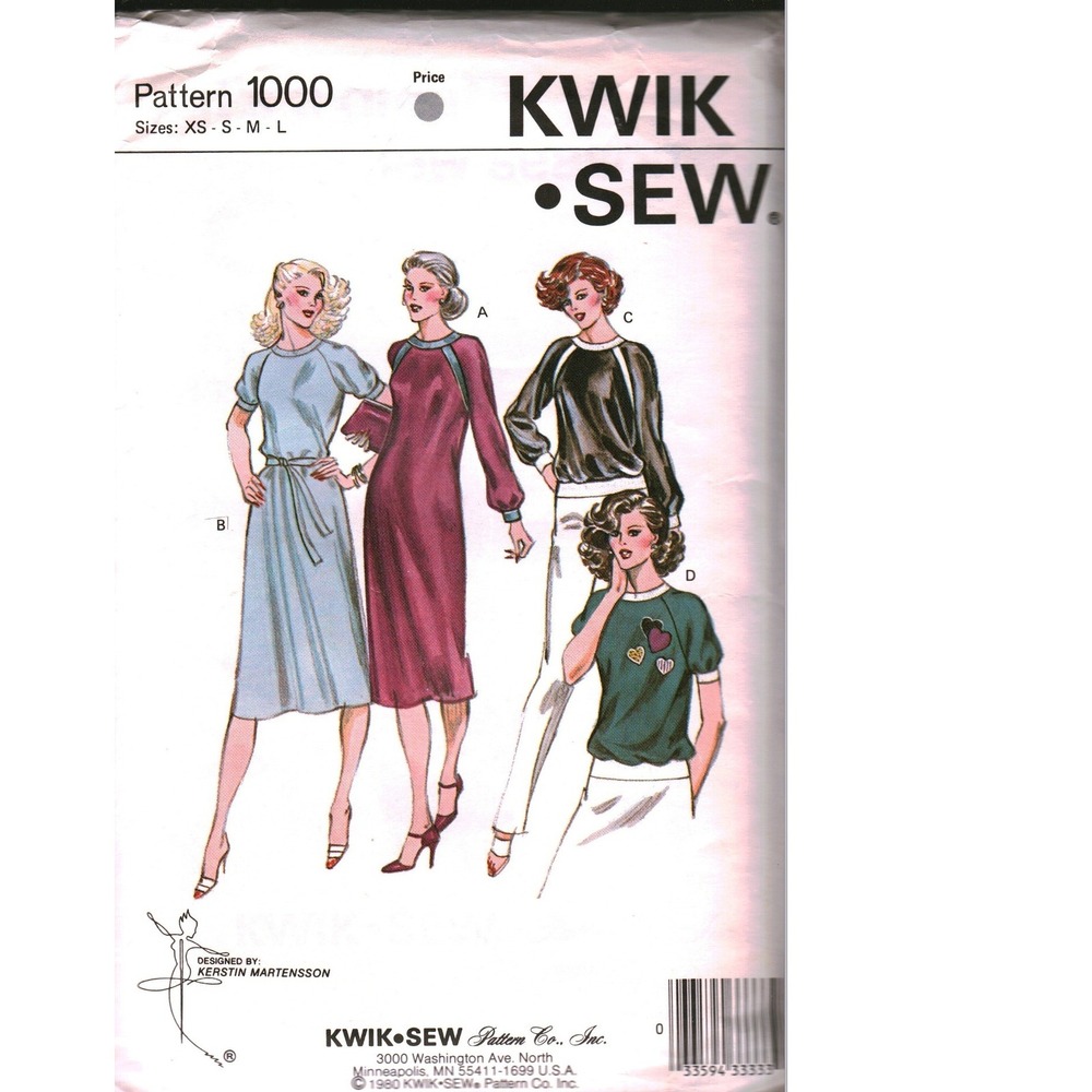 Vintage Kwik Sew 1000 Sewing Pattern Misses Dress Top Raglan Sleeve Size XS-S